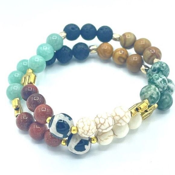 Desert cowgirl beaded stretch bracelet ONE NEW sandstone lava amazonite wood gra - Picture 1 of 6